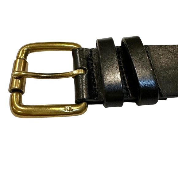 RALPH LAUREN Women's Black Genuine Leather Belt Gold Buckle Solid Brass Size M - Picture 2 of 9